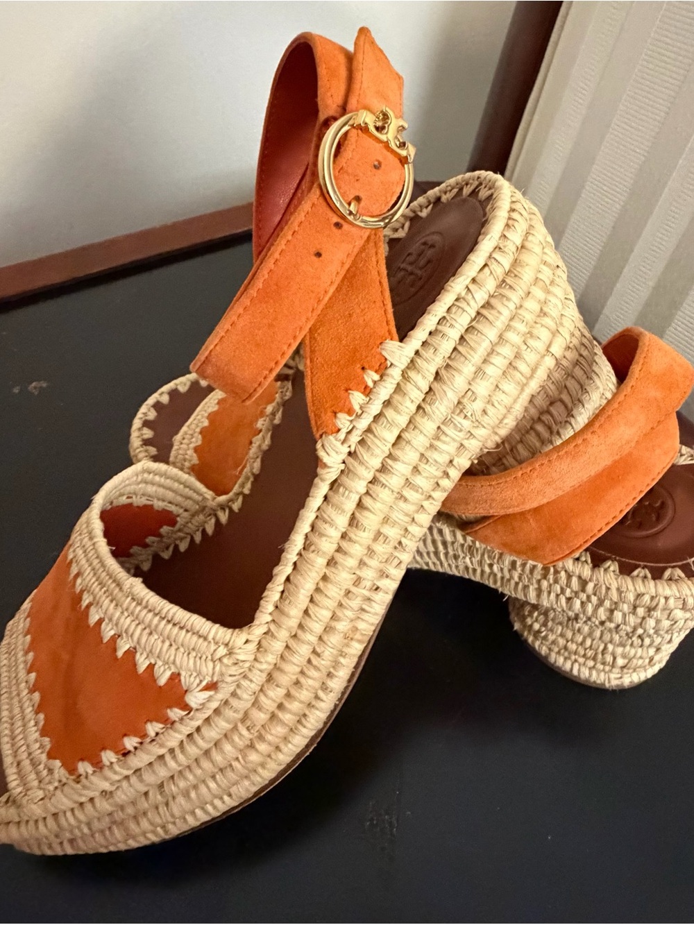 Tory Burch Orange Suede Espadrille Wedge Sandals with Ankle Strap - Picture 2 of 16